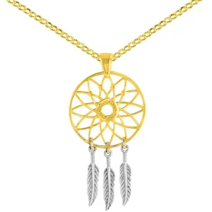 14K Two-Tone Gold Native American Dreamcatcher Charm Pendant with Cuban Necklace