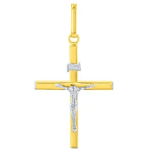 14K Two-Tone Gold Slender Cross INRI Jesus Crucifix Charm Pendant