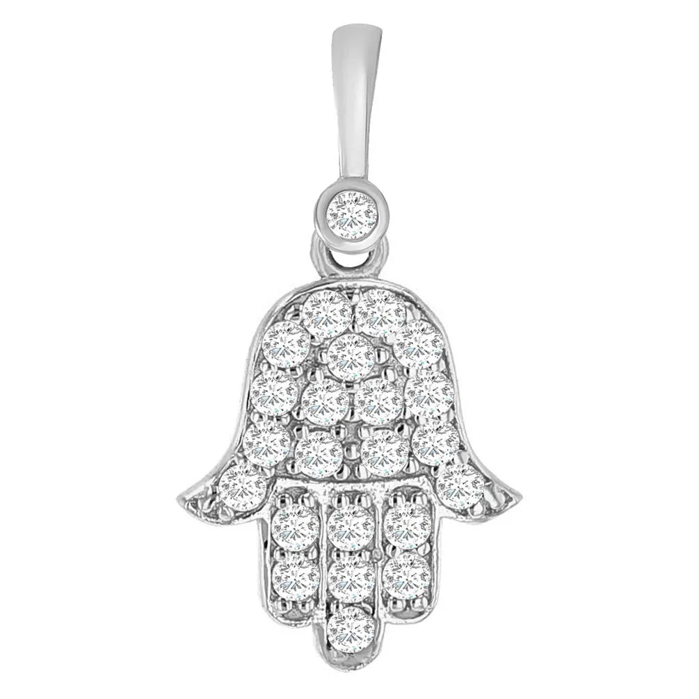 14k White Gold Cubic Zirconia Mini Hamsa Hand of Fatima Charm Pendant Necklace