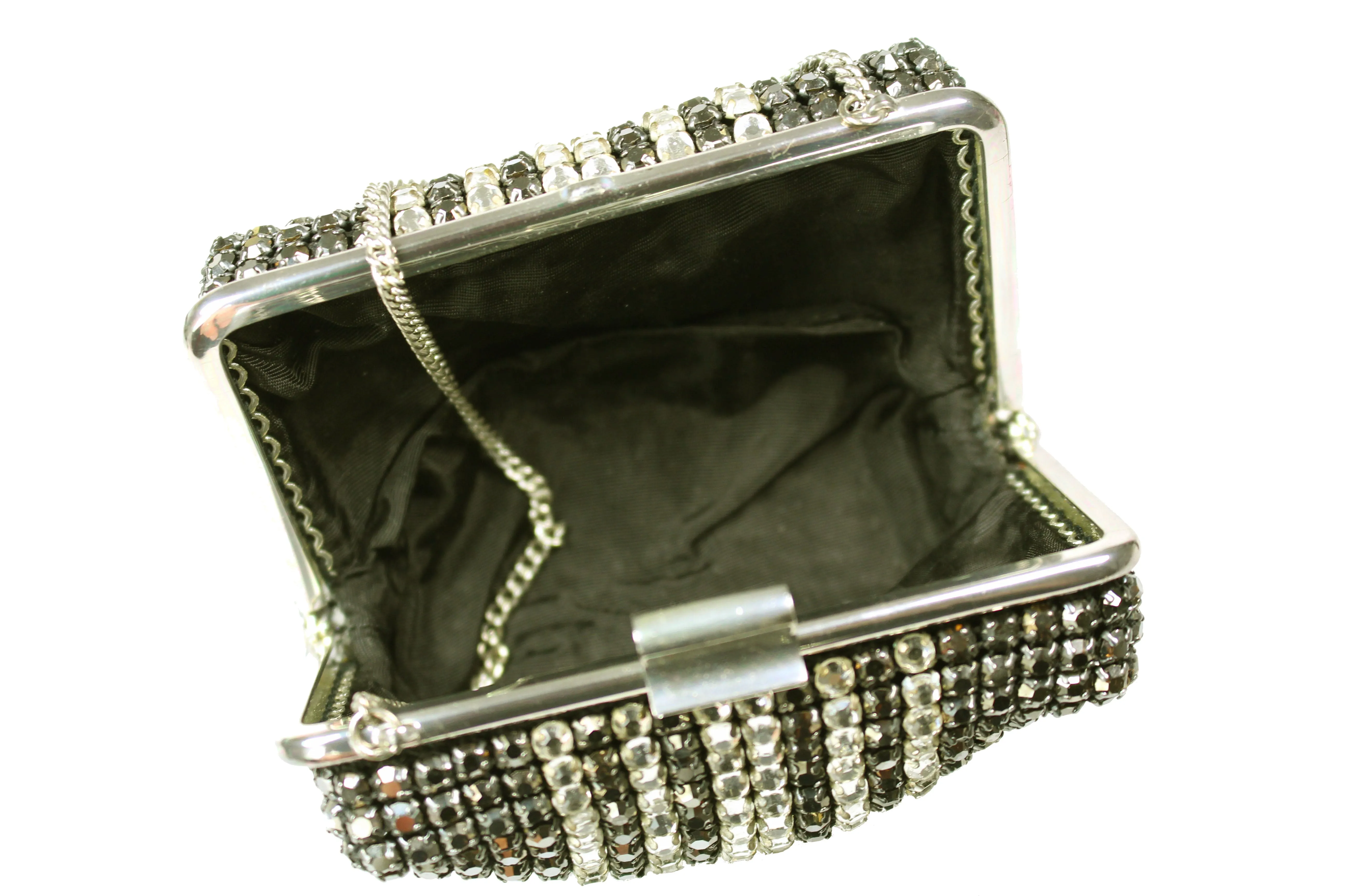 Bicolor rhinestone clutch with silver chain handle