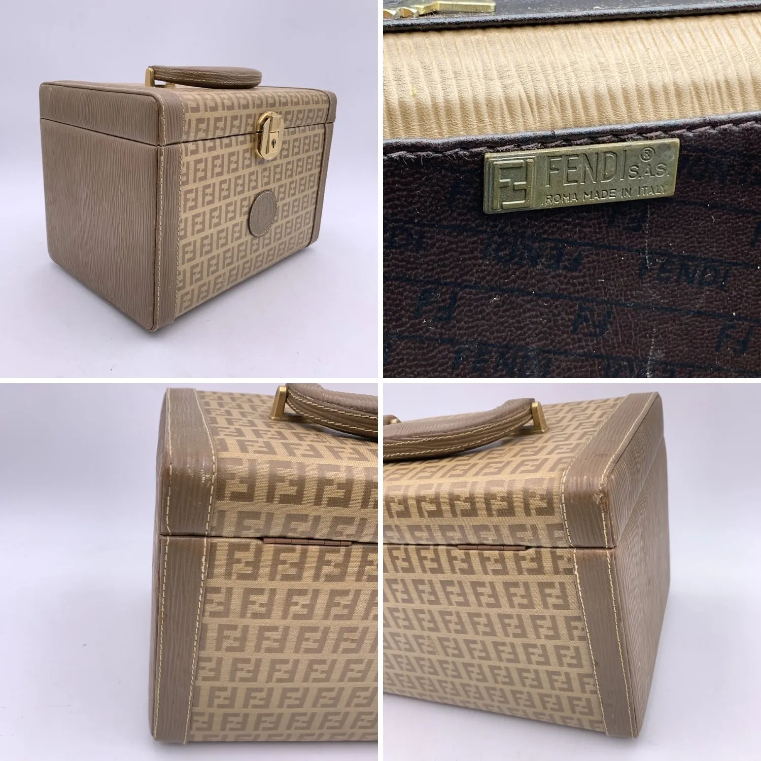 Fendi Vintage Beige Monogram Canvas Train Case Beauty Bag Handbag