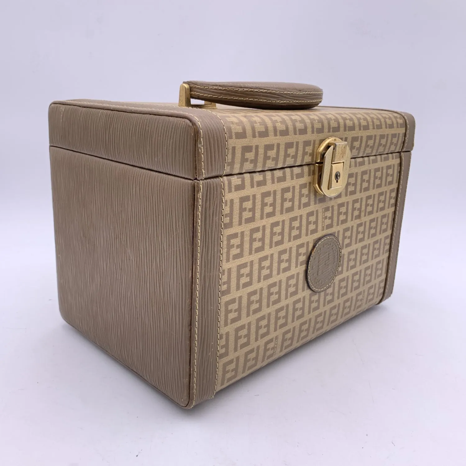 Fendi Vintage Beige Monogram Canvas Train Case Beauty Bag Handbag