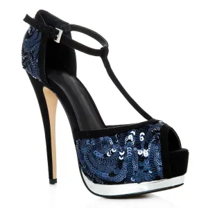 Perm Concealed Platform Peep Toe T-Bar Stiletto High Heel Sequin Shoe