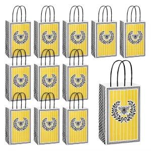 Queen Bee Yellow and Black Honeycomb Paper Gift Bags and Party Favor Bags, 5.25"x3.5"x8.25" (12 Pack)