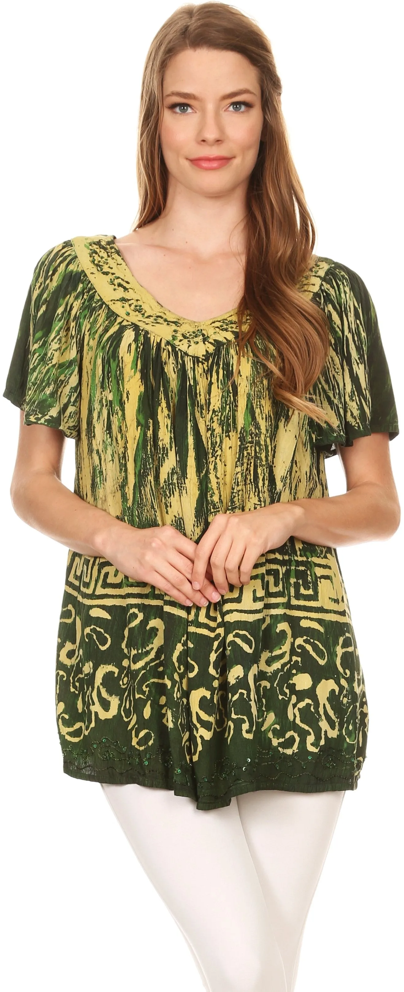 Sakkas Audry Flutter Sleeve V-Neck Batik Top with Sequins and Embroidery