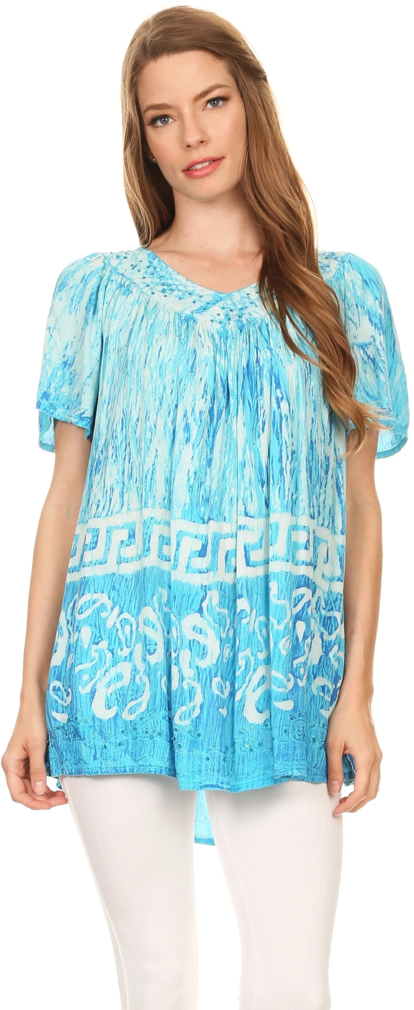 Sakkas Audry Flutter Sleeve V-Neck Batik Top with Sequins and Embroidery