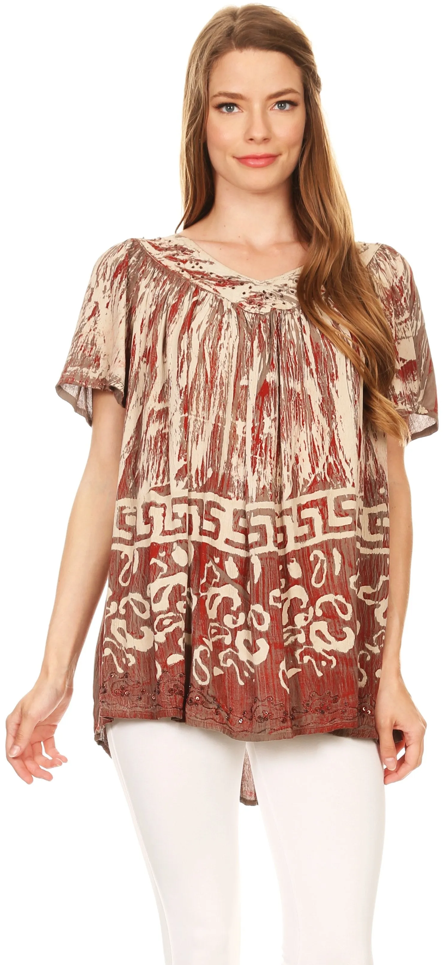 Sakkas Audry Flutter Sleeve V-Neck Batik Top with Sequins and Embroidery