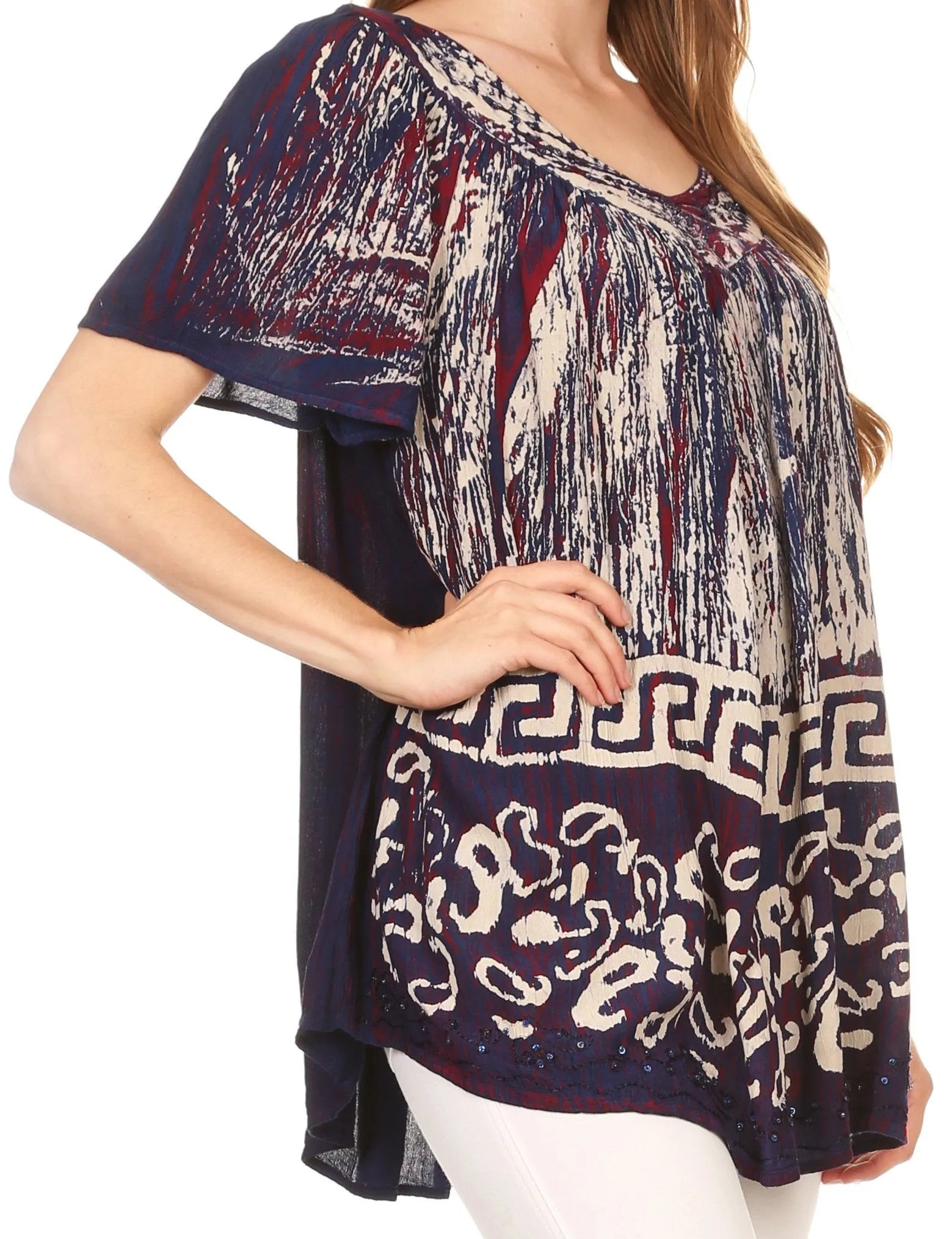 Sakkas Audry Flutter Sleeve V-Neck Batik Top with Sequins and Embroidery