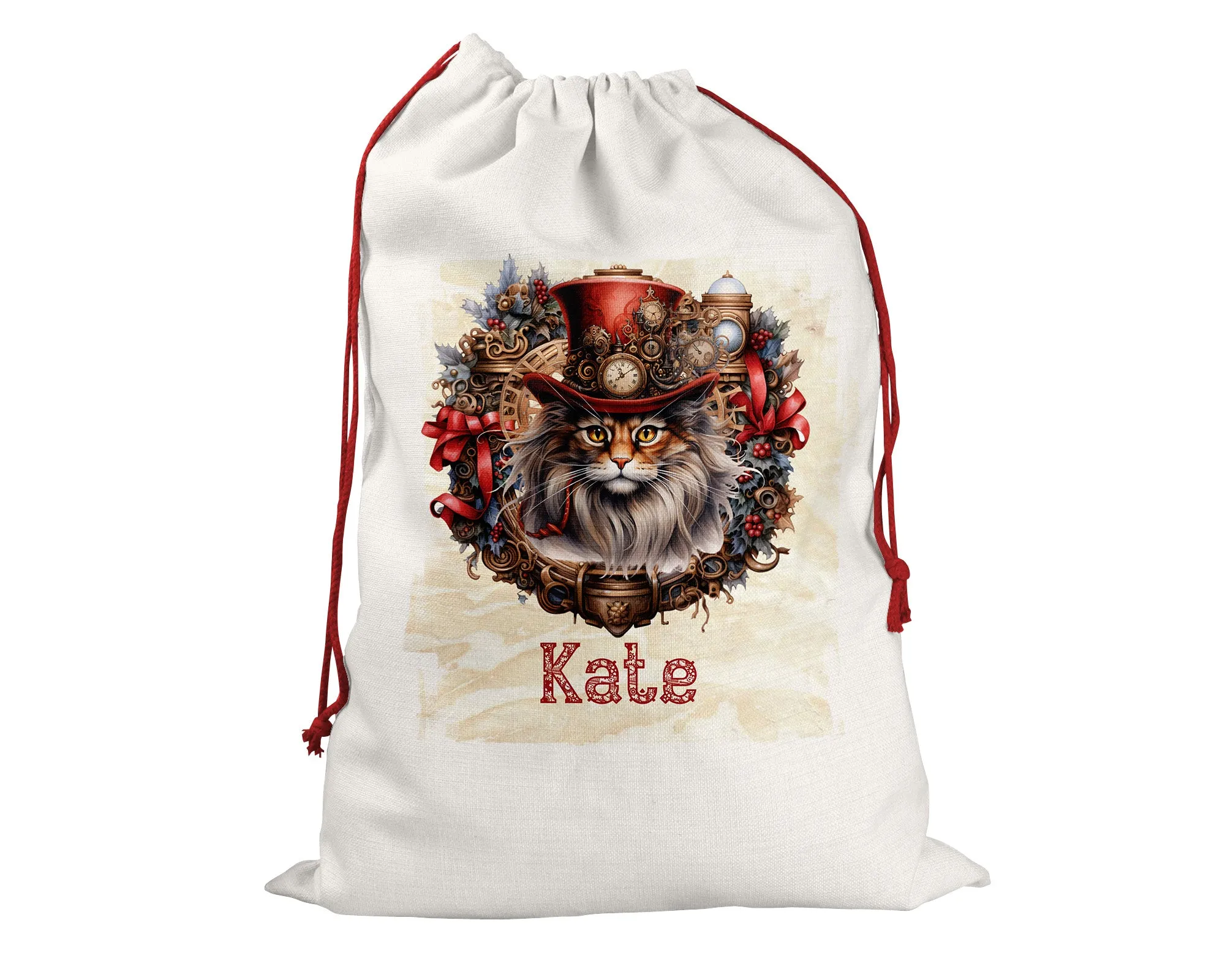 Steampunk Personalised Santa Sack, Cat, Linen Bag