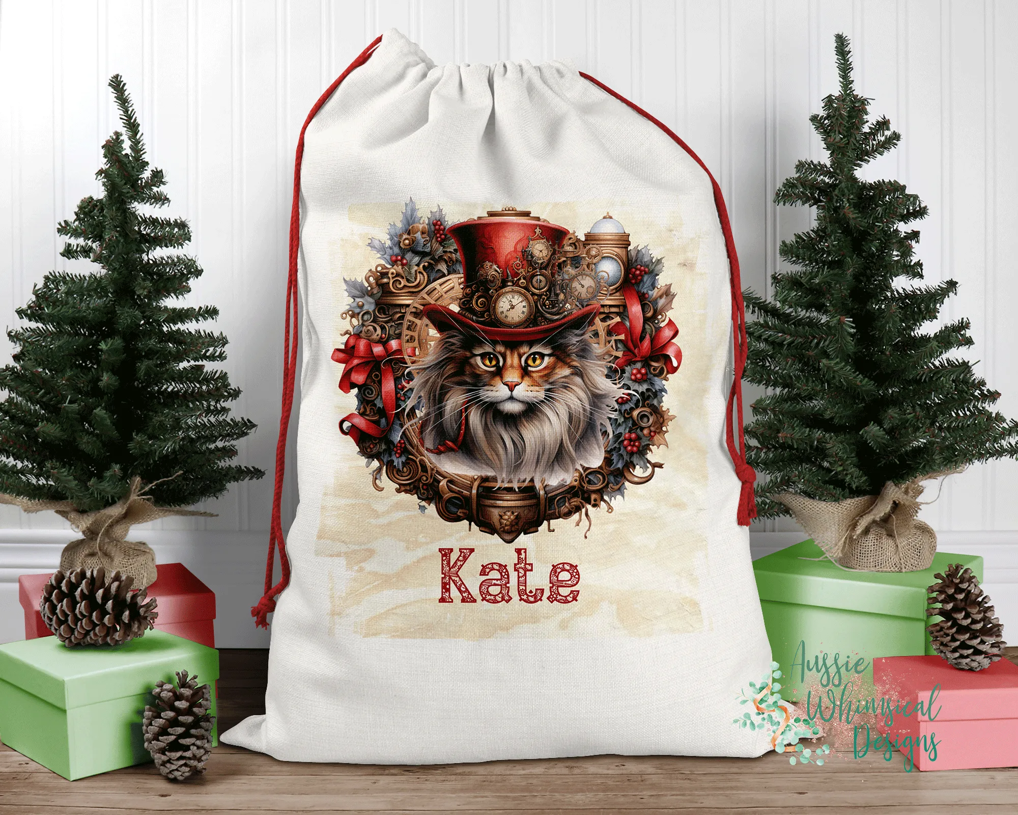 Steampunk Personalised Santa Sack, Cat, Linen Bag