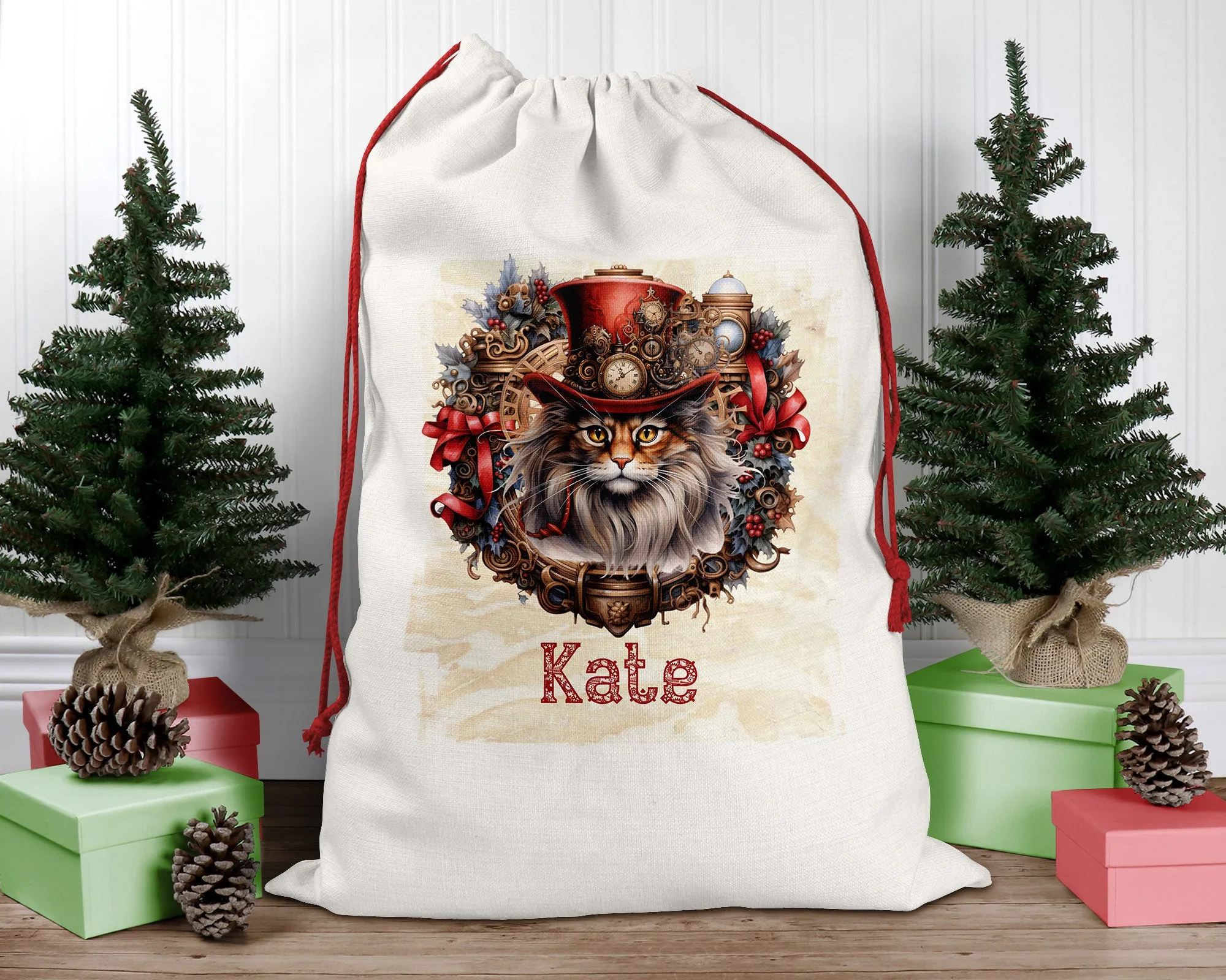 Steampunk Personalised Santa Sack, Cat, Linen Bag