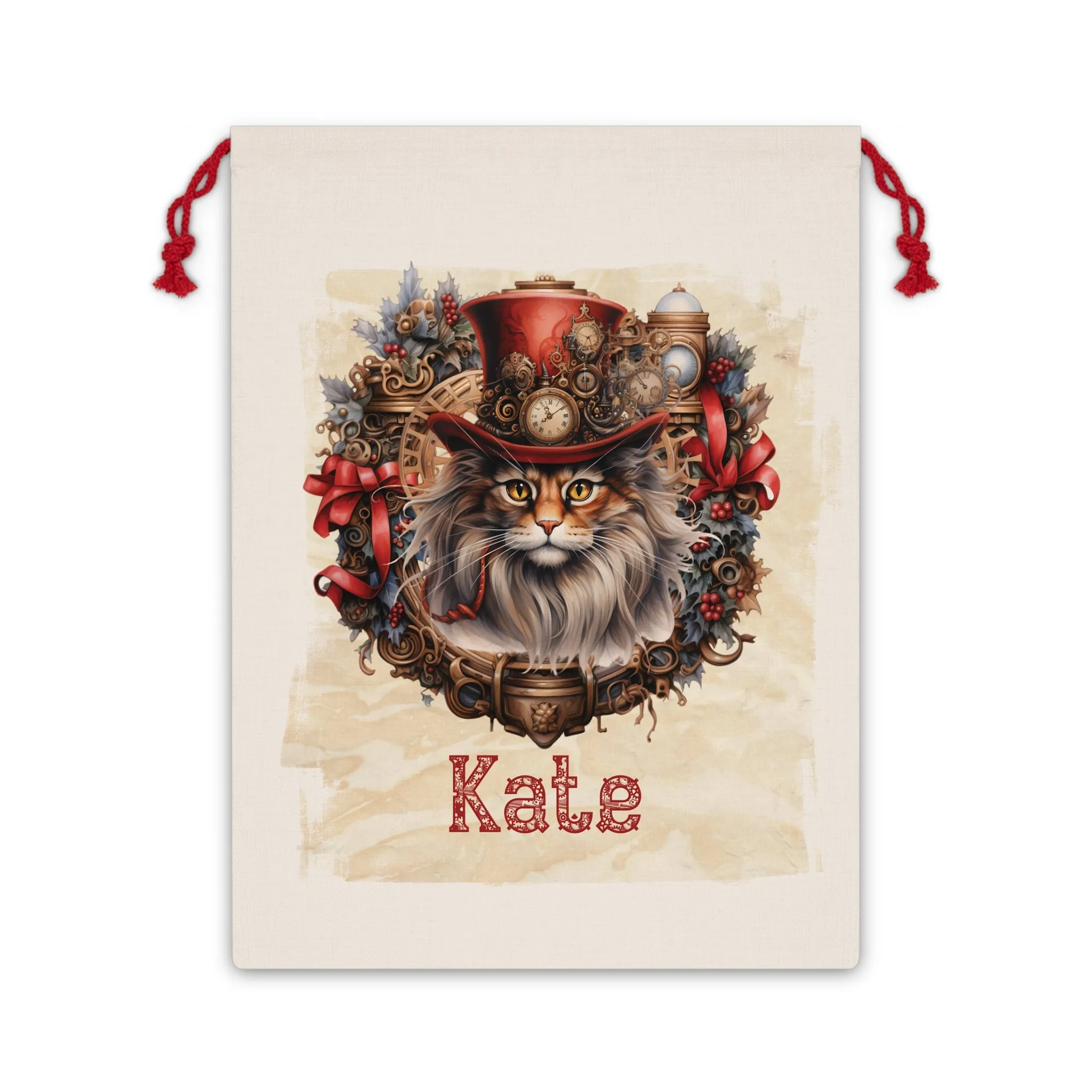 Steampunk Personalised Santa Sack, Cat, Linen Bag