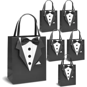 Tuxedo Gift Bag Set for Wedding Groomsman, Bachelor Party Favors (Black, 6 Pack)